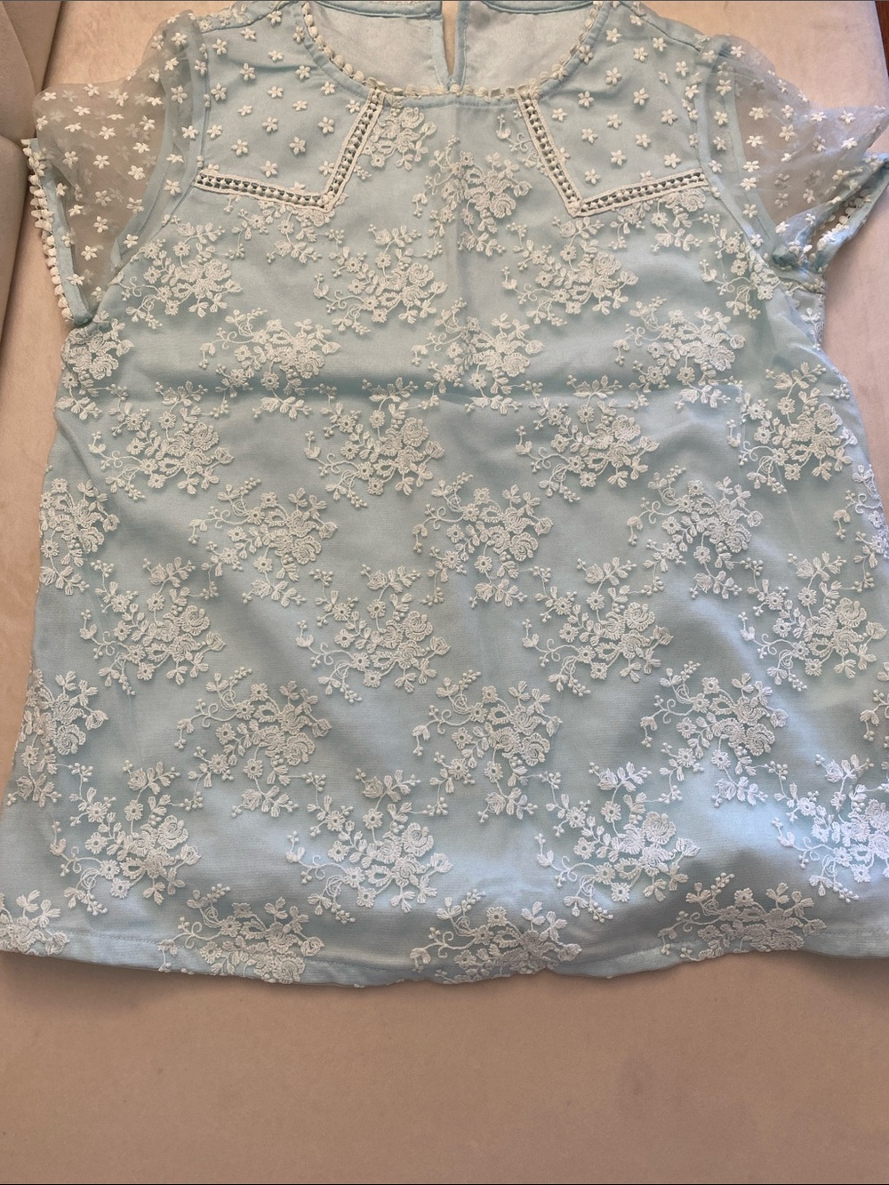 Girls' Light Blue Lace Overlay Top